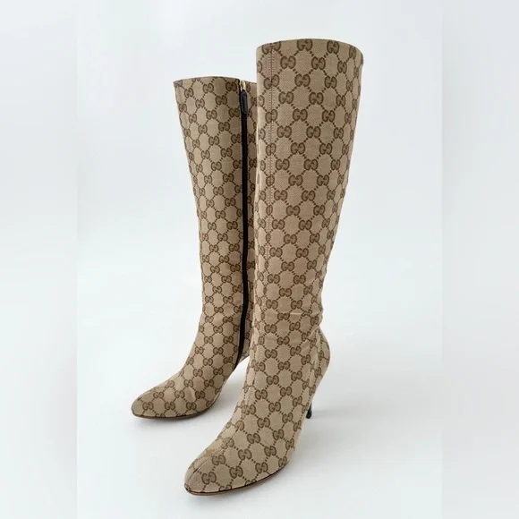 GUCCI || Vintage GG Canvas Knee High Heeled Boots Brown Monogram US 8.5 - Picture 4 of 16